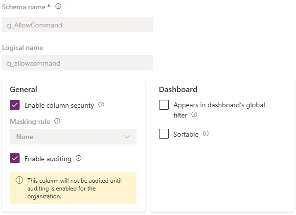 Column properties in Dataverse with the Enable column security setting turned on
