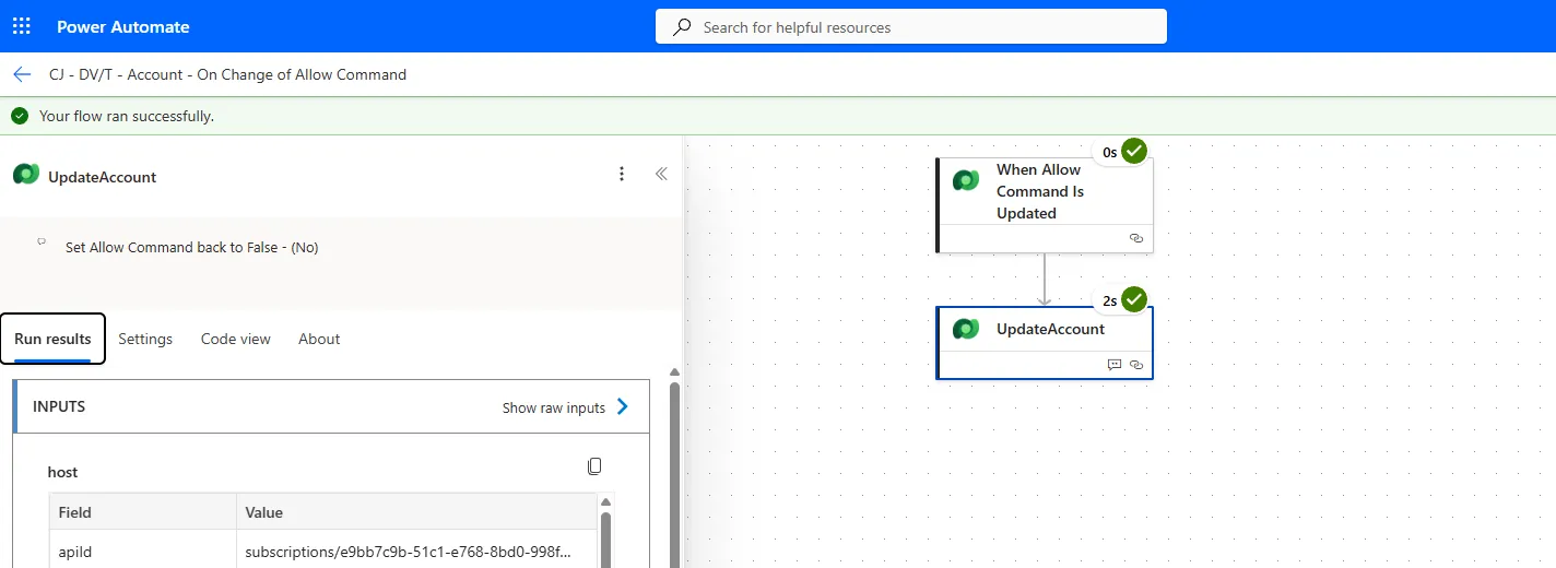 Power Automate run history showing the flow completing successfully